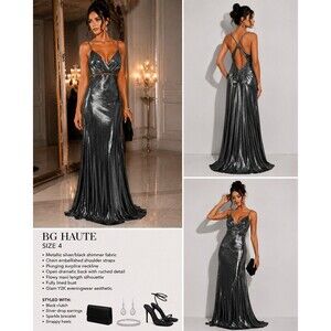 BG Haute Metallic Silver Black Chain Strap Evening Gown Dress Size 4 Y2K Formal
